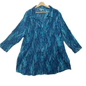 Woman Within Button Tunic Top Womens 2X Blue Floral Pintuck Tropical Resort